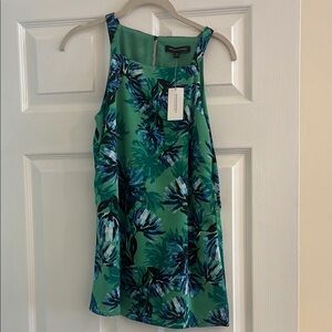 Green Floral Shift Top with Blue Accents